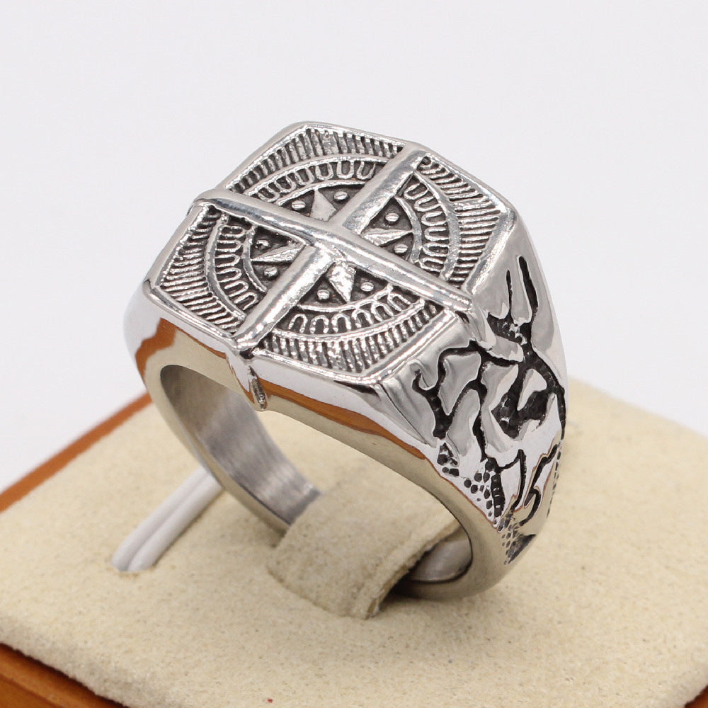 Greek Cross Compass Titanium Steel Ring for Men