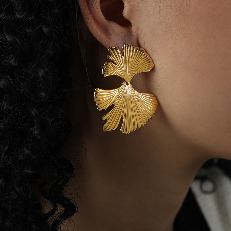 Titanium Steel Gold-Plated Ginkgo Biloba Earrings for Women