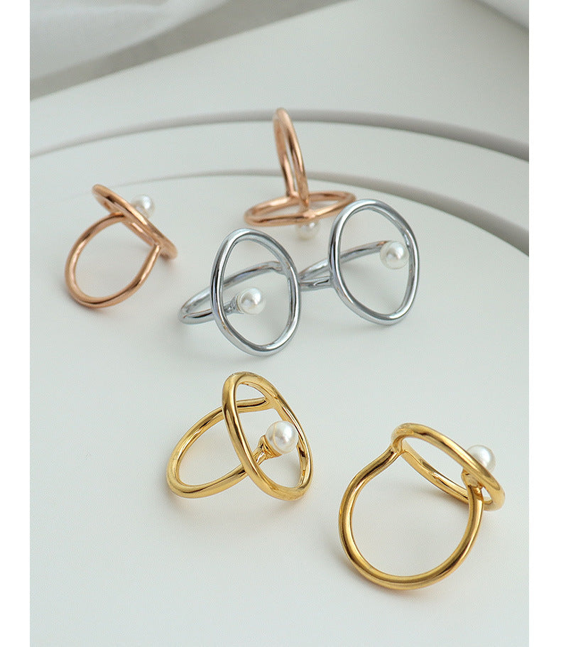 18K Gold Geometric Ring with Imitation Pearl Accent - Women's Fashion Jewelry