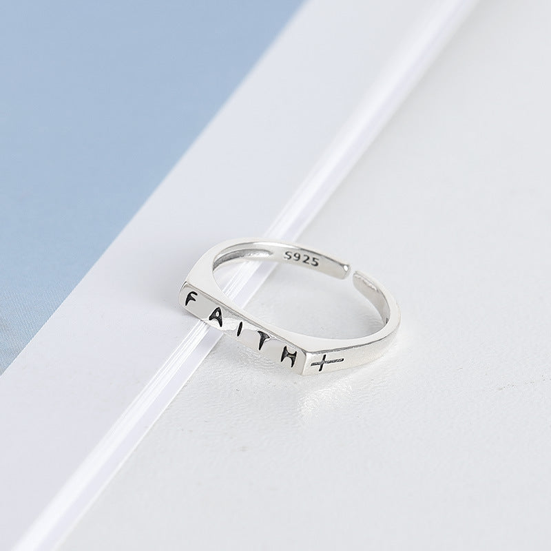 FAITH Letter Plane Polished Opening Sterling Silver Ring