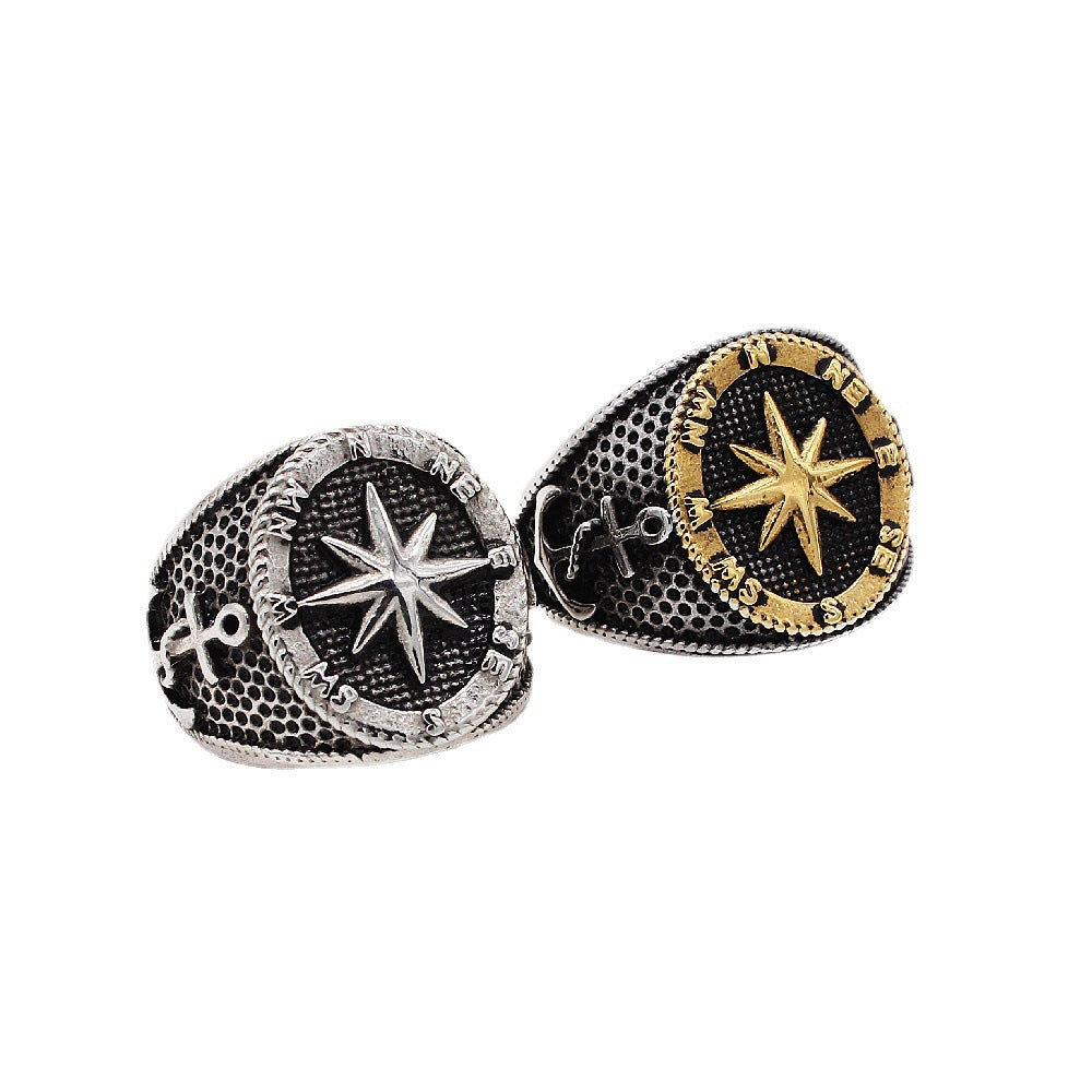 European and American Fashion Men's Titanium Steel Ring with Cross Compass