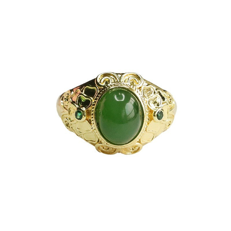 Elegant Green Jade Jasper Bow Pattern Ring with Sterling Silver Detail