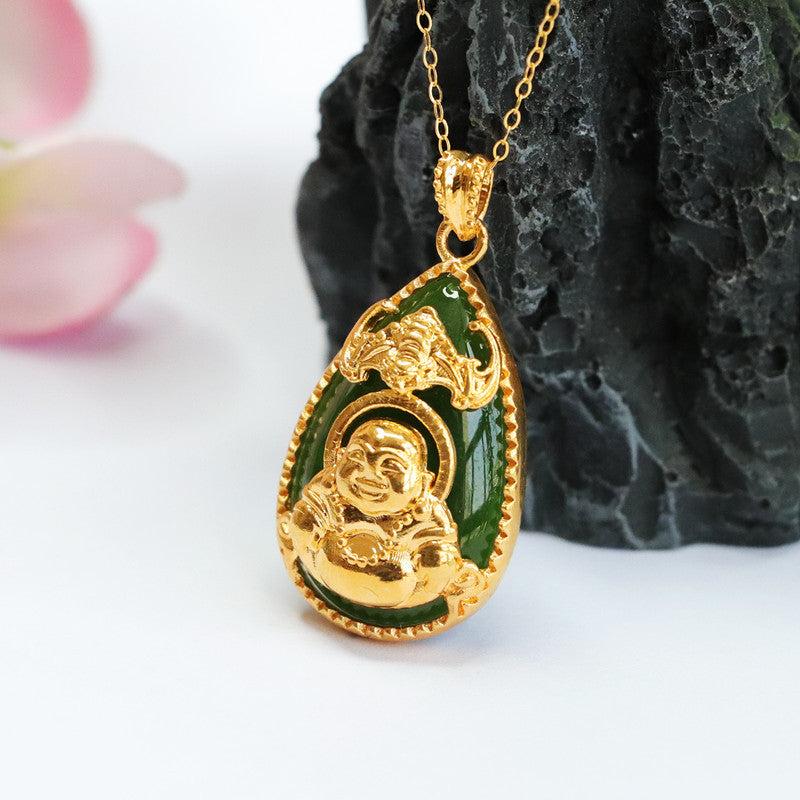 Golden Buddha Necklace with Hetian Jade Water Drop Jasper