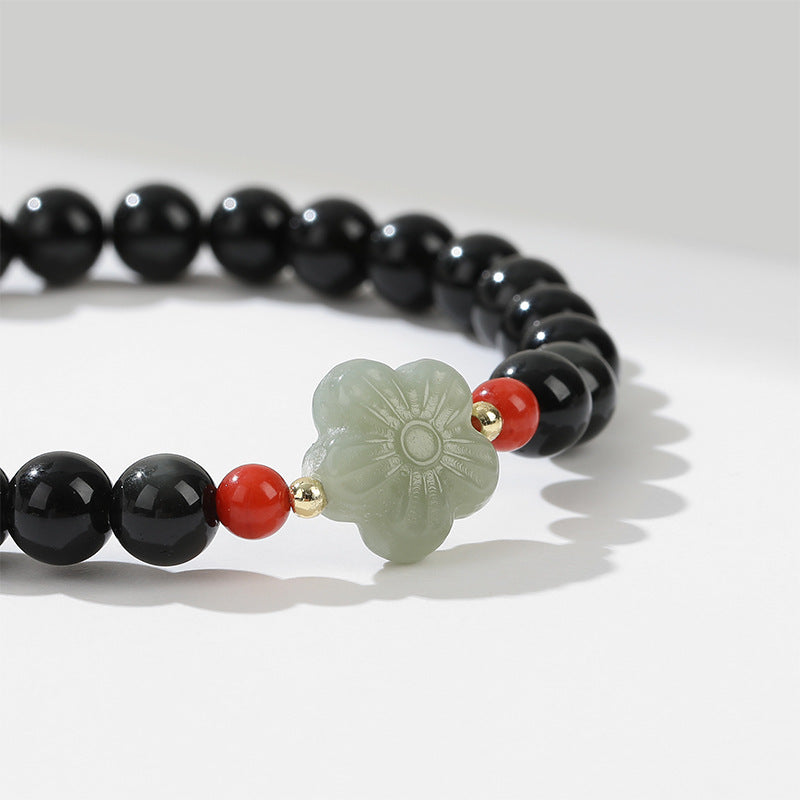 Obsidian Sakura Beaded Bracelet for Men and Women with Sterling Silver Details