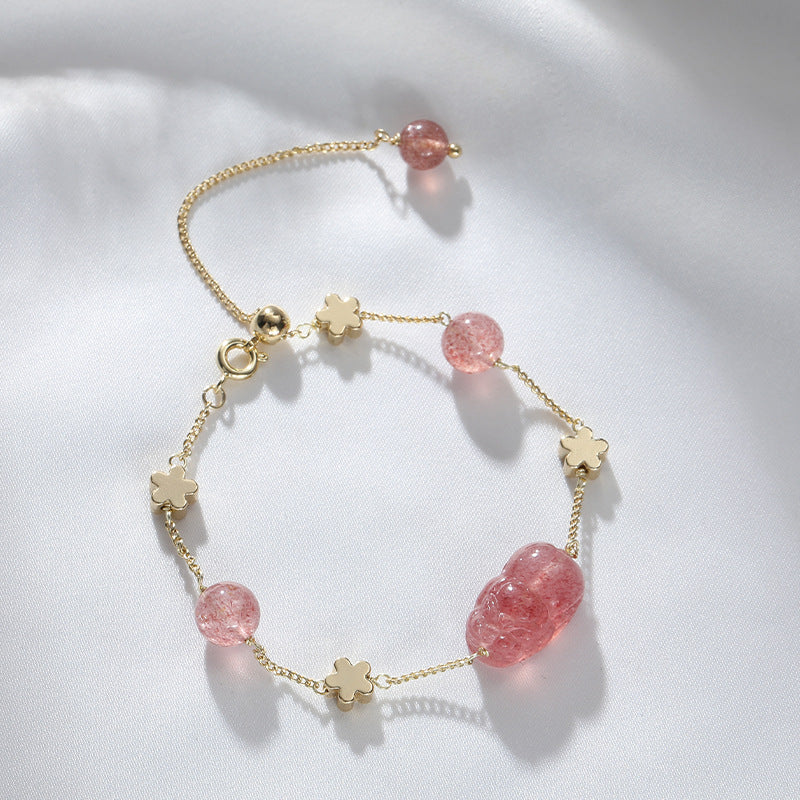 Fortune's Favor Crystal Bracelet with Pixiu for Females, Sterling Silver, Peach Blossom and Plum Blossom Fortune Bracelet, Ideal Gift for Girlfriend