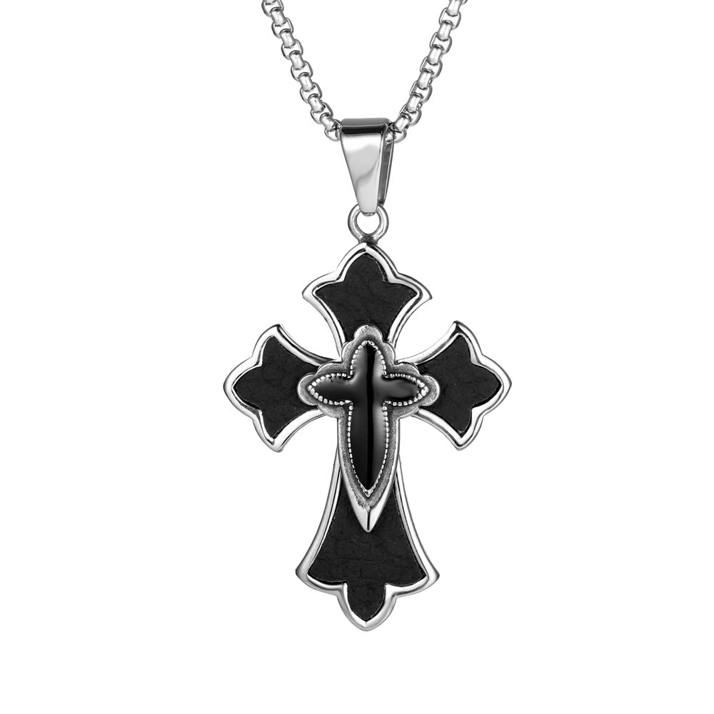 Trendy Men's Titanium Steel Cross Pendant Necklace with Sheepskin Design