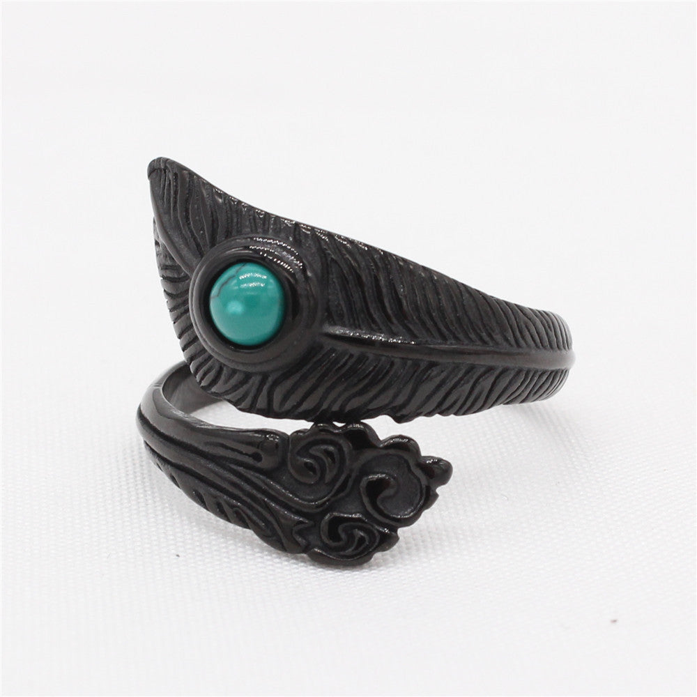 European and American Retro Feather Turquoise Men's Titanium Steel Ring