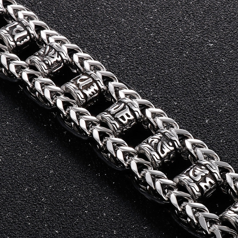 Vintage-Inspired Leather Braided Chain Bracelet, Men's Punk Titanium Steel Hollow Six-Character Mantra Bangle