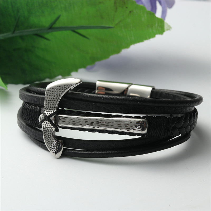 Titanium Steel Double-Headed Axe Leather Bracelet for Men - Personalized Punk Style