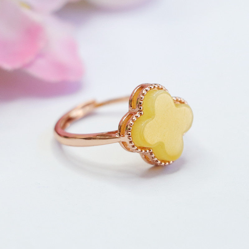 Russian Amber and Sterling Silver Adjustable Clover Ring