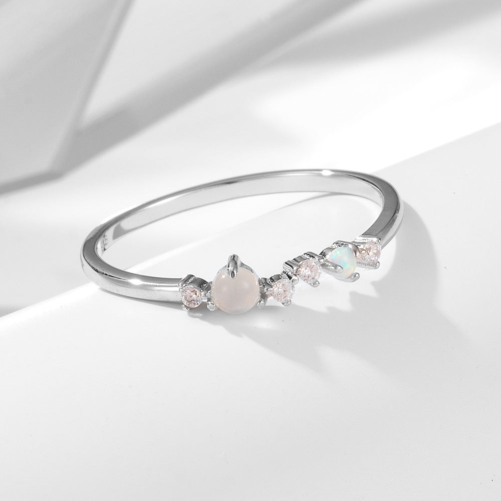 Row of Opal Moonstone and Zircon Slim Sterling Silver Ring