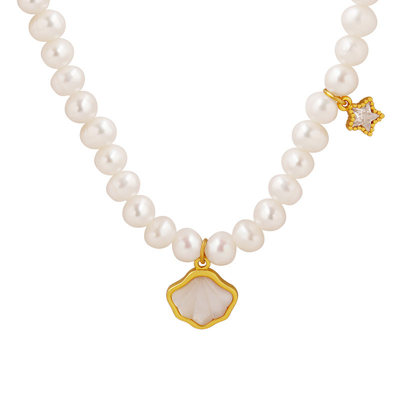 Starlit Freshwater Pearl and Zircon Necklace with Retro Charm