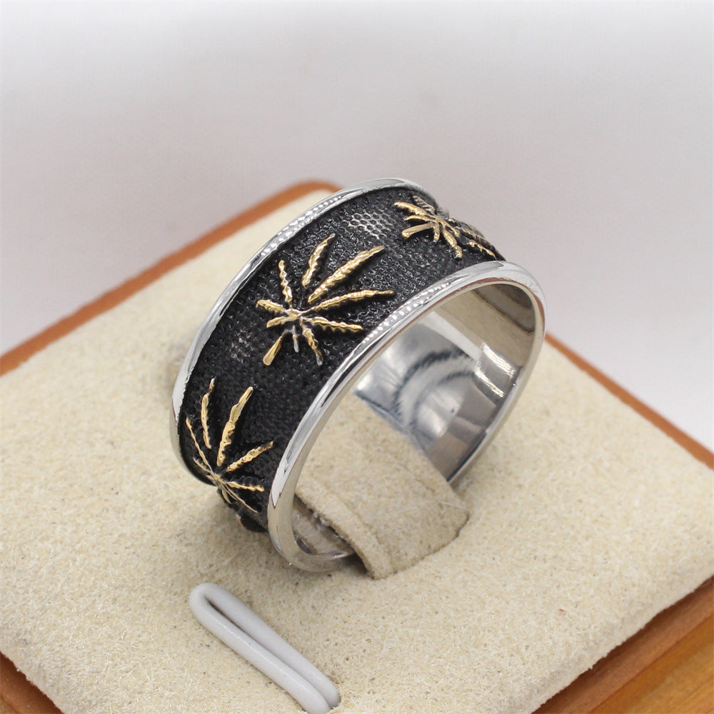 Personalized Retro Maple Leaf Titanium Steel Ring for Men - European and American Wholesale Jewelry