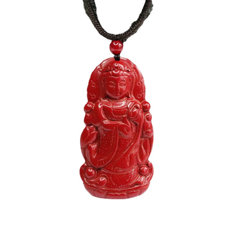 Standing Guanyin Pendant with Cinnabar Stone