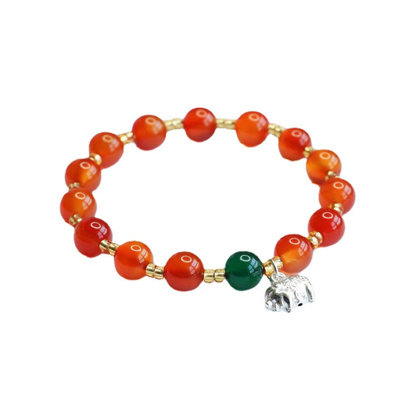 Red Agate and Green Chalcedony Elephant Blessing Bracelet in Sterling Silver