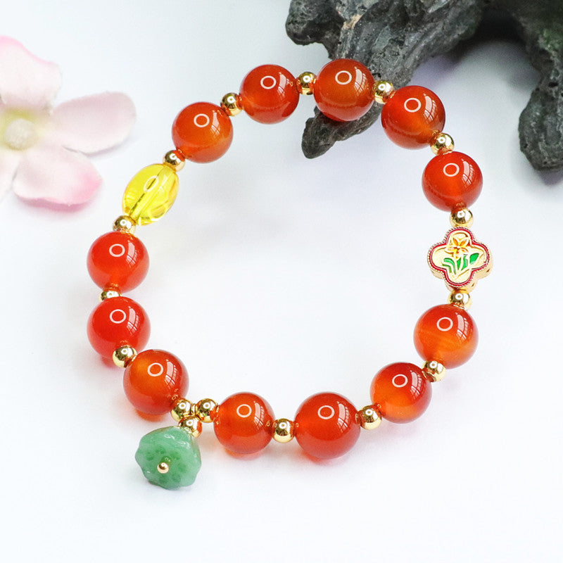 Red Agate and Jade Lotus Tassel Bracelet with Colorful Chalcedony