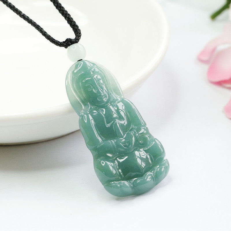 Green Jade Guanyin Pendant in Sterling Silver