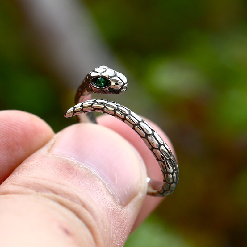 Zircon-Embellished Retro Snake Open Ring for Men in Durable Titanium Steel - Wholesale Elegance