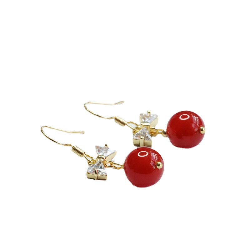 Red Agate Zircon Bow Earrings with Sterling Silver Hooks