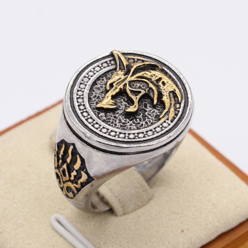 Wolf Head Totem Round Shape Titanium Steel Ring for Men