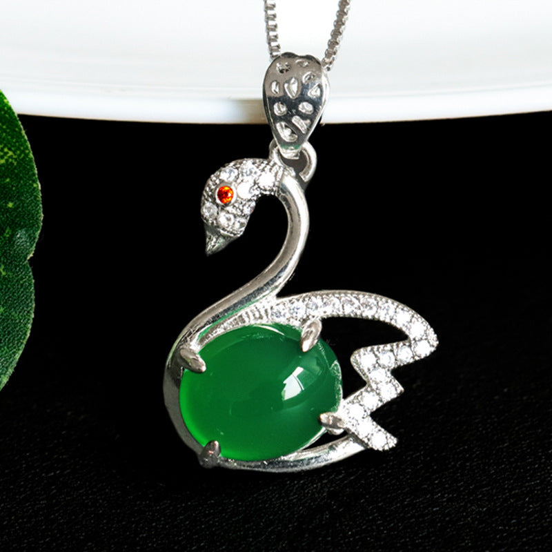 Swan Pendant Jewelry with Green Chalcedony and Zircon