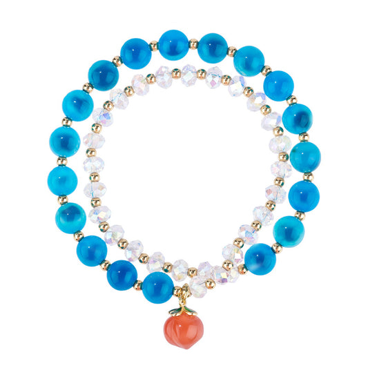 Exquisite Double Blue Crystal and Peach Agate Bracelet with Sterling Silver Beads