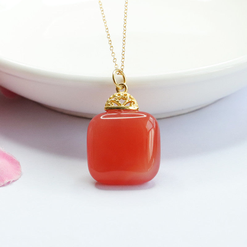 Crimson Sugar Agate Pendant Necklace with Golden Sterling Silver Jewelry