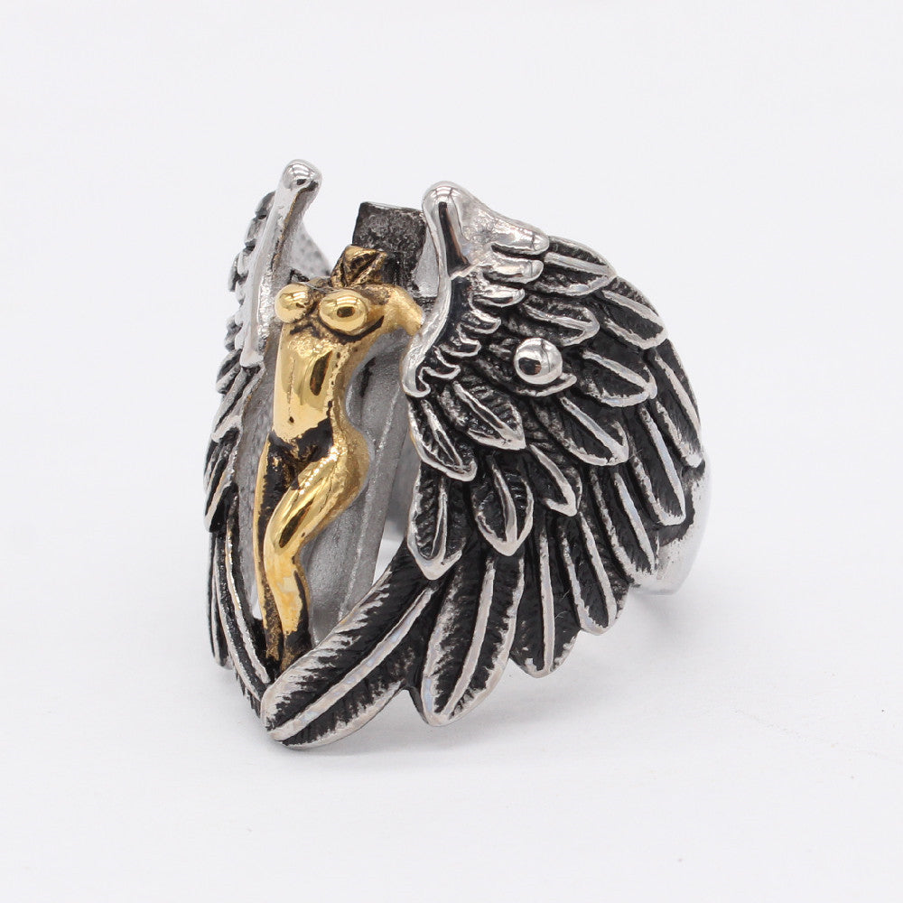 Europe and America Wholesale of Personalized Retro Cross Angel Men's Titanium Steel Ring