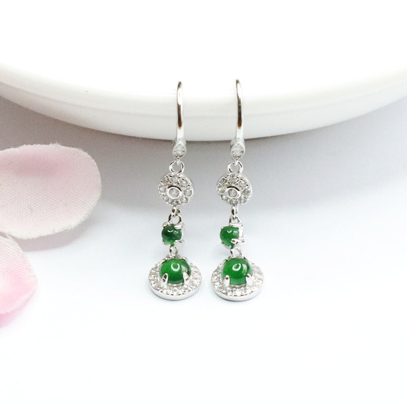 Dangle Earrings with Genuine Ice Green Jadeite Tassels