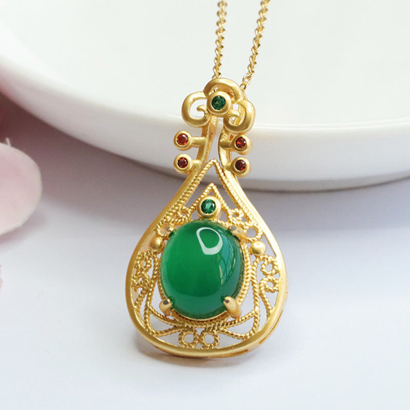 Chinese Style Sterling Silver Pipa Pendant Necklace with Emperor Green Chalcedony