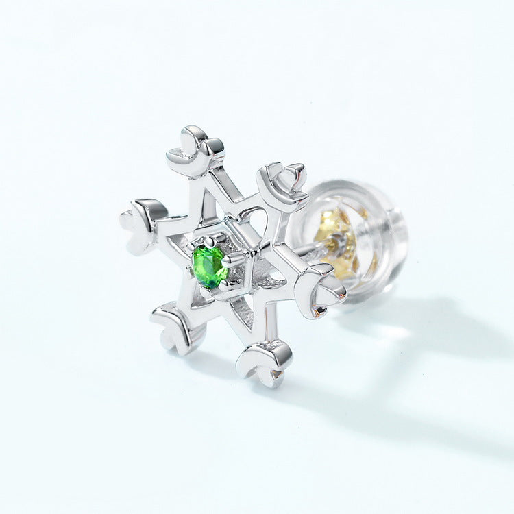 Christmas Santa Claus Snowflake Green Zircon Asymmetric Sterling Silver Stud Earrings