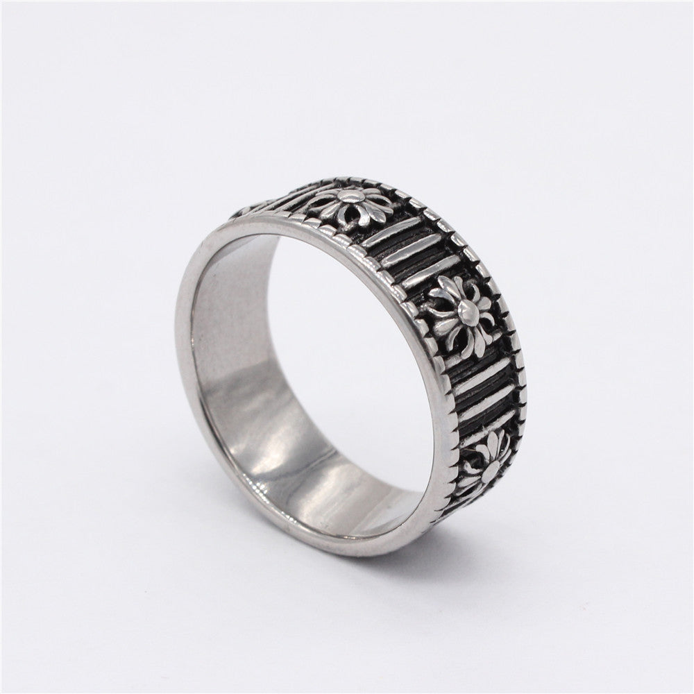 Cross Flower Vertical Stripe Titanium Steel Ring for Men