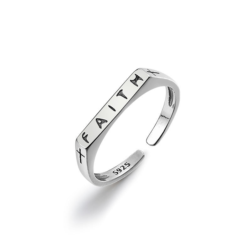 FAITH Letter Plane Polished Opening Sterling Silver Ring