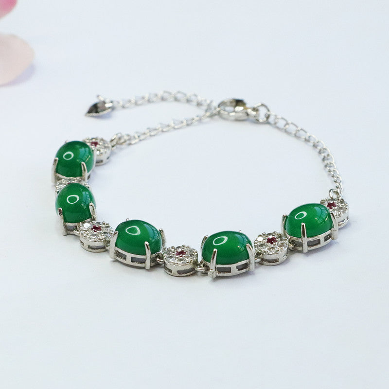 Sterling Silver Hand Chain Bracelet with Green Chalcedony