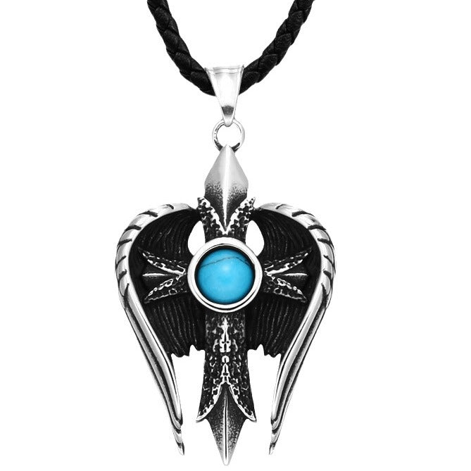 Vintage-Inspired Titanium Steel Angel Wings Pendant with Turquoise Cross for Men