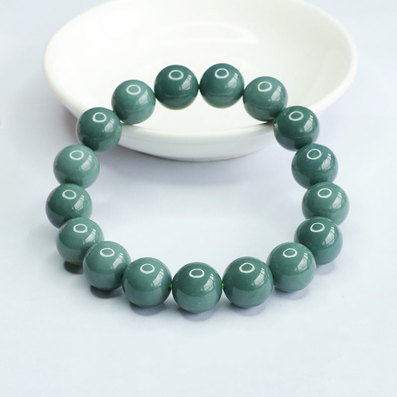 Jade Bracelet with Old Blue Green Beads and Sterling Silver Needle