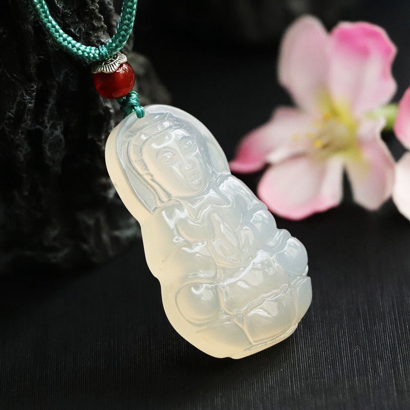 White Chalcedony Guanyin Sterling Silver Pendant