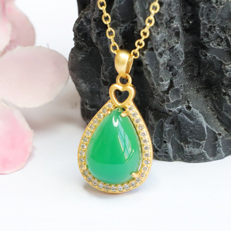 Droplet Pendant Necklace with Green Chalcedony and Zircon Details