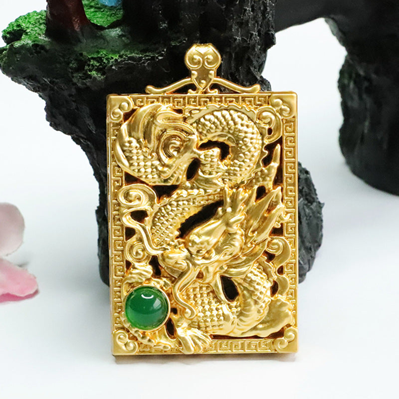 Ice Green Chalcedony Dragon Rectangle Pendant