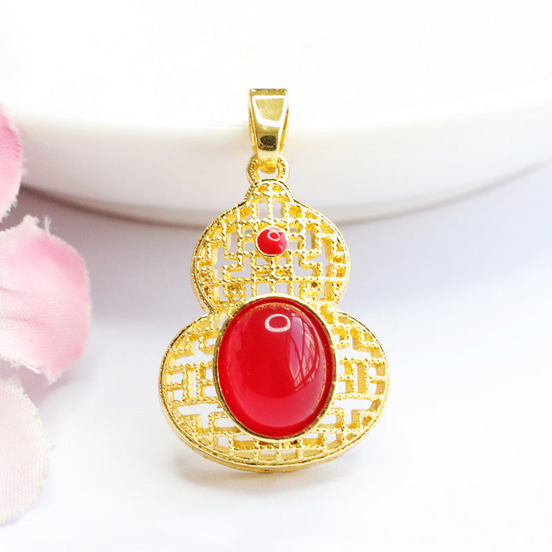 Natural Green Chalcedony Red Agate Hollow Gourd Golden Pendant Ethnic Style