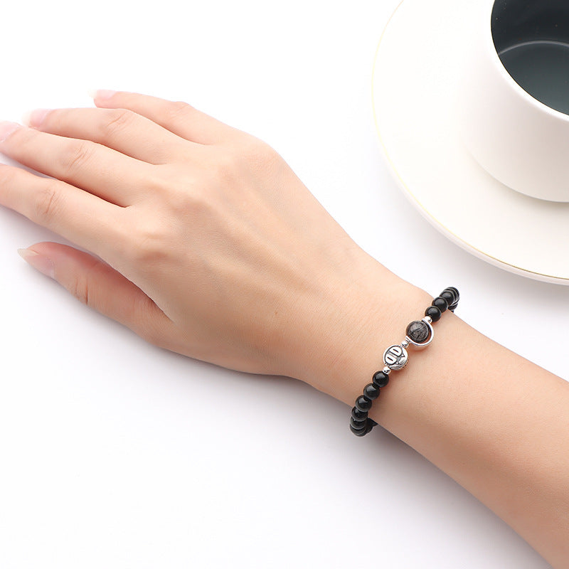 Fortune's Favor Sterling Silver Obsidian Couple Bracelet Set, Korean Style Gift for Students