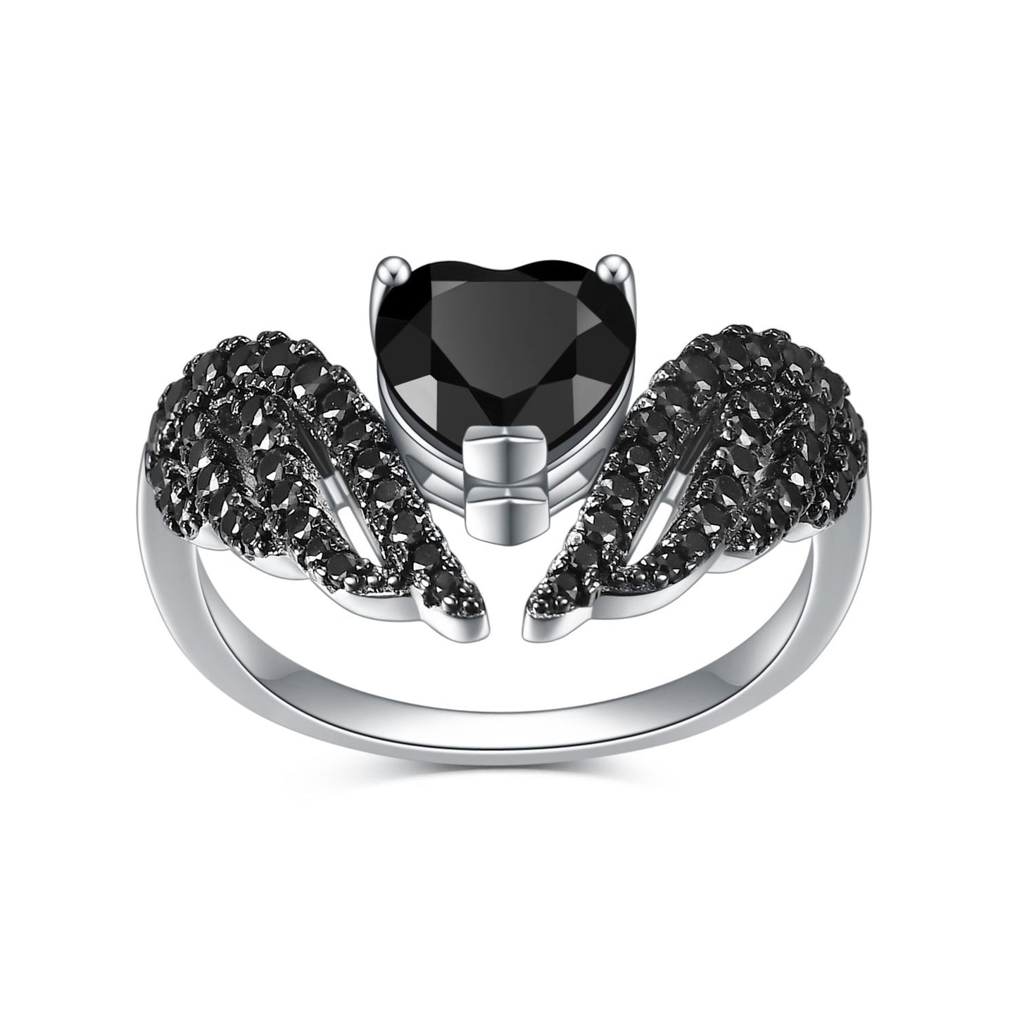 Darkness Wings Heart Shape Natural Gemstone Silver Ring