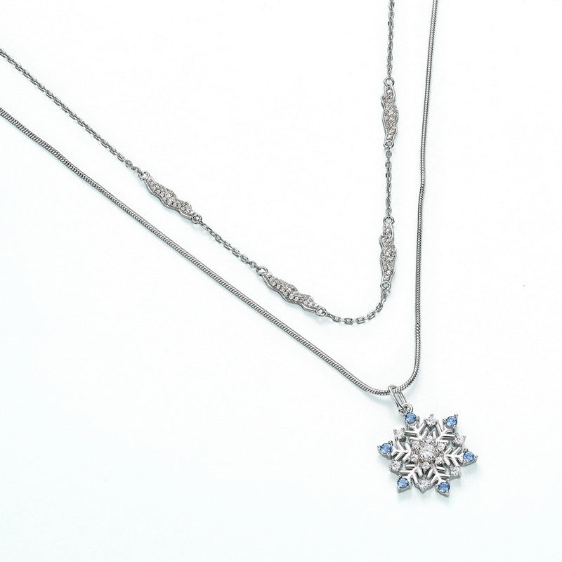 Blue and White Zircon Snowflake Pendant Double Stacked Sterling Silver Necklace