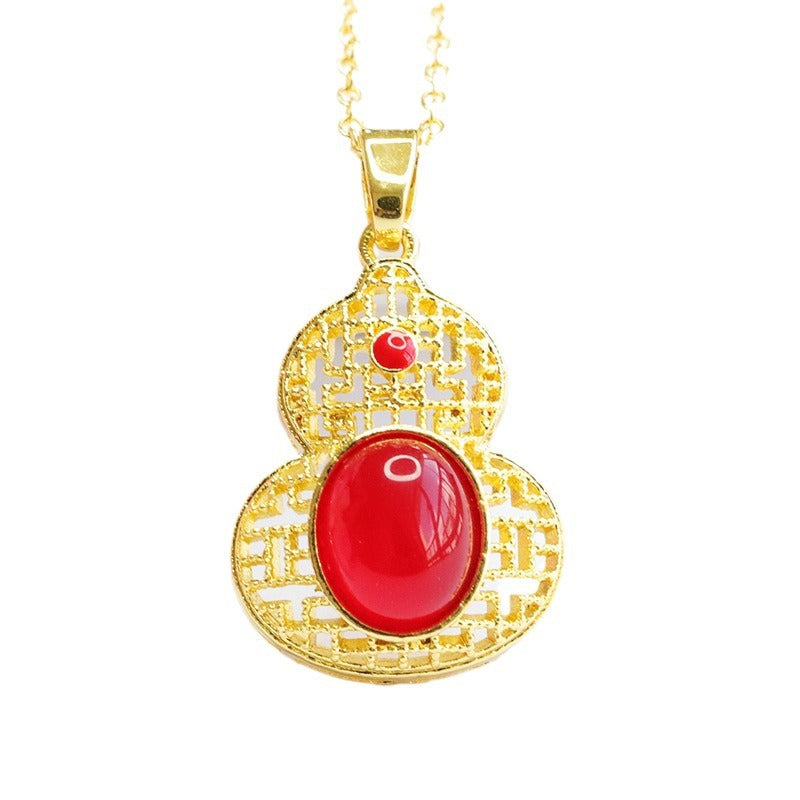 Natural Green Chalcedony Red Agate Hollow Gourd Golden Pendant Ethnic Style