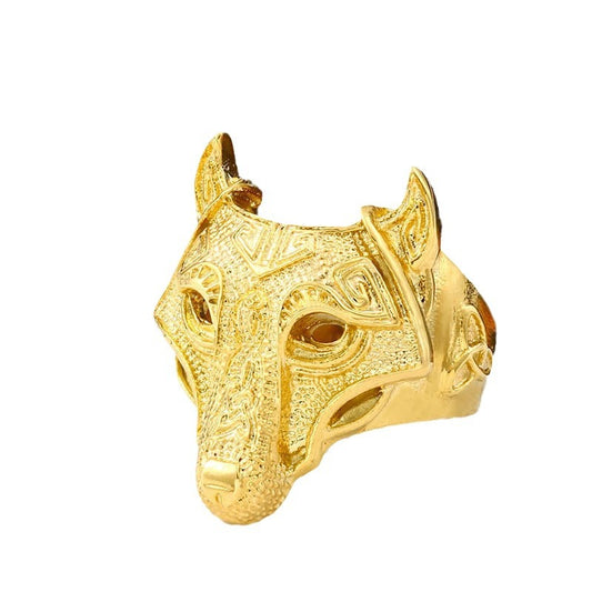 Titanium Steel Viking Wolf Head Ring for Men - Retro Electroplated Gold Design, Size 7-13