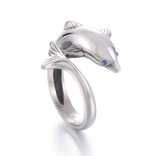 Trendy Men's Blue Eyed Dolphin Ring - Creative Stainless Steel Small Animal Ring for Friends