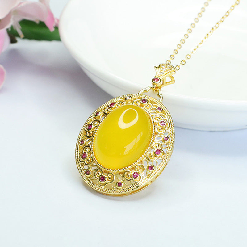 Yellow Chalcedony Ruyi Pattern Zircon Sterling Silver Pendant