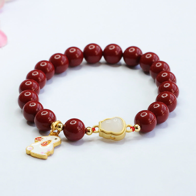 Rabbit Zodiac Jade and Cinnabar Bracelet with Sterling Silver