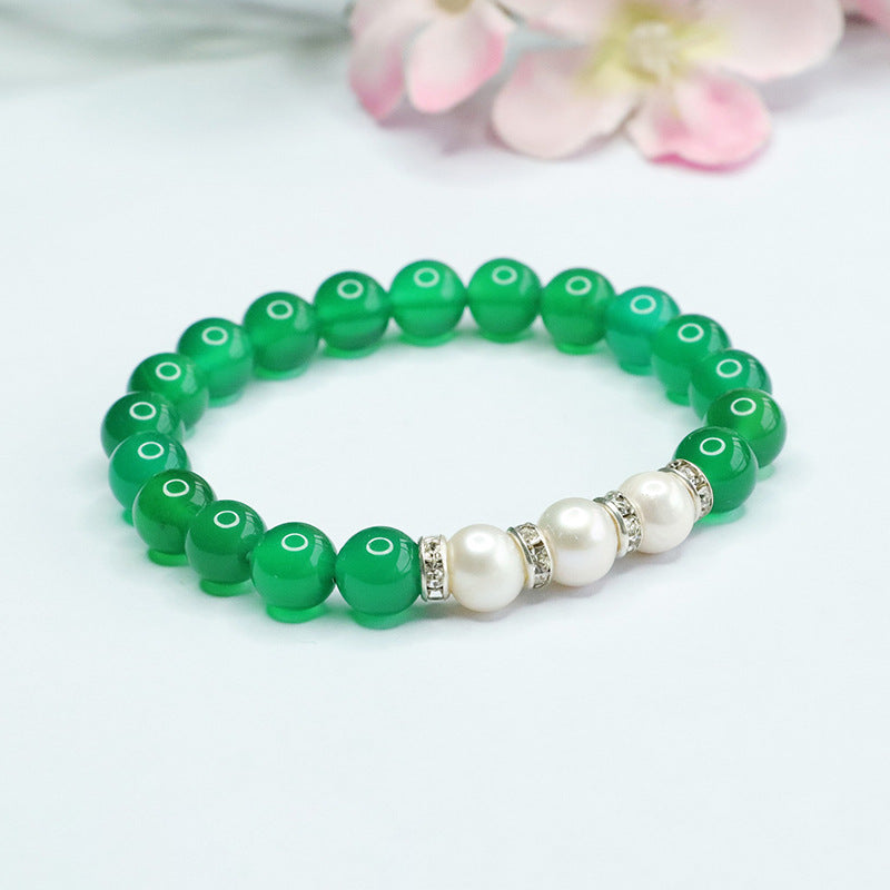 Green Chalcedony and Freshwater Pearl Sterling Silver Bracelet