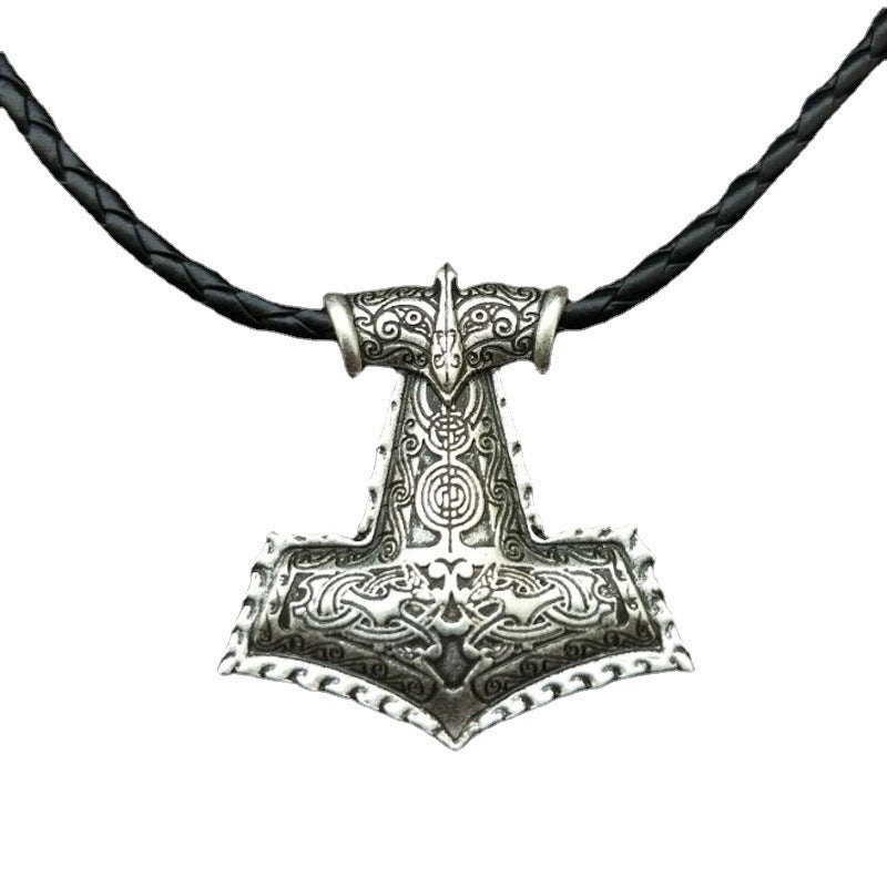 Thunder God Hammer Rune Necklace with Crow Pendant - Norse Legacy Collection